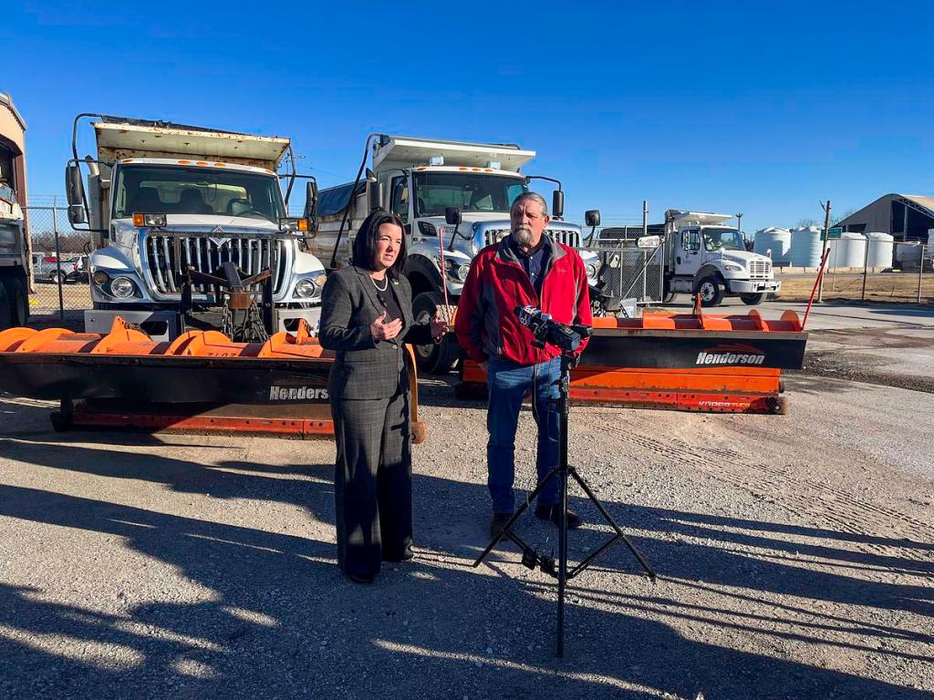 Emily Hall, the city's senior advisor of homelessness, and Tim McCorkell, the city's street maintenance manager, answer questions from the media at the West Maintenance Yard on Wednesday, Jan. 21, 2026.
