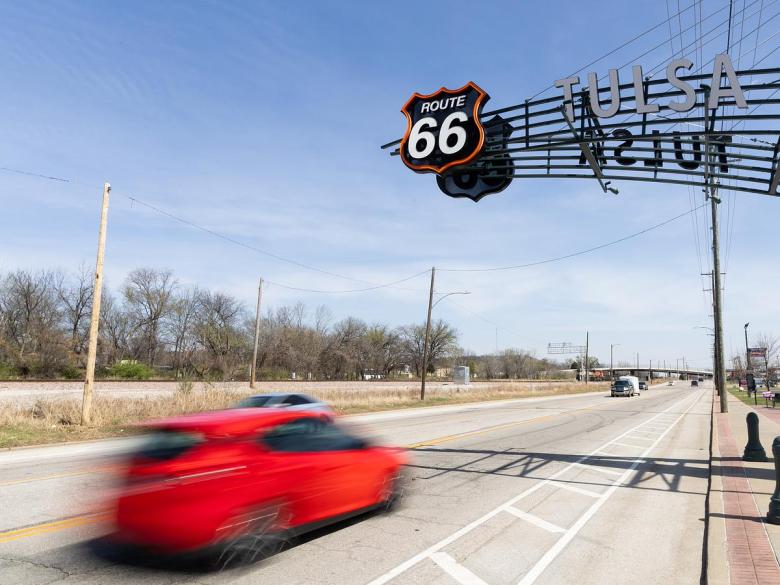 West Tulsa's Route 66 marker in front of the Crystal City Shopping Center on March 13, 2026.