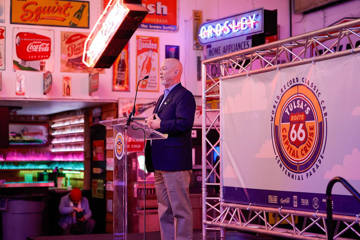 Christian Bengel, Tulsa's District 6 Councilor and chair of the Tulsa Route 66 Commission, speaks during a Jan. 9, 2026, press conference about Tulsa's plans for a record-breaking car parade during the Route 66 centennial.