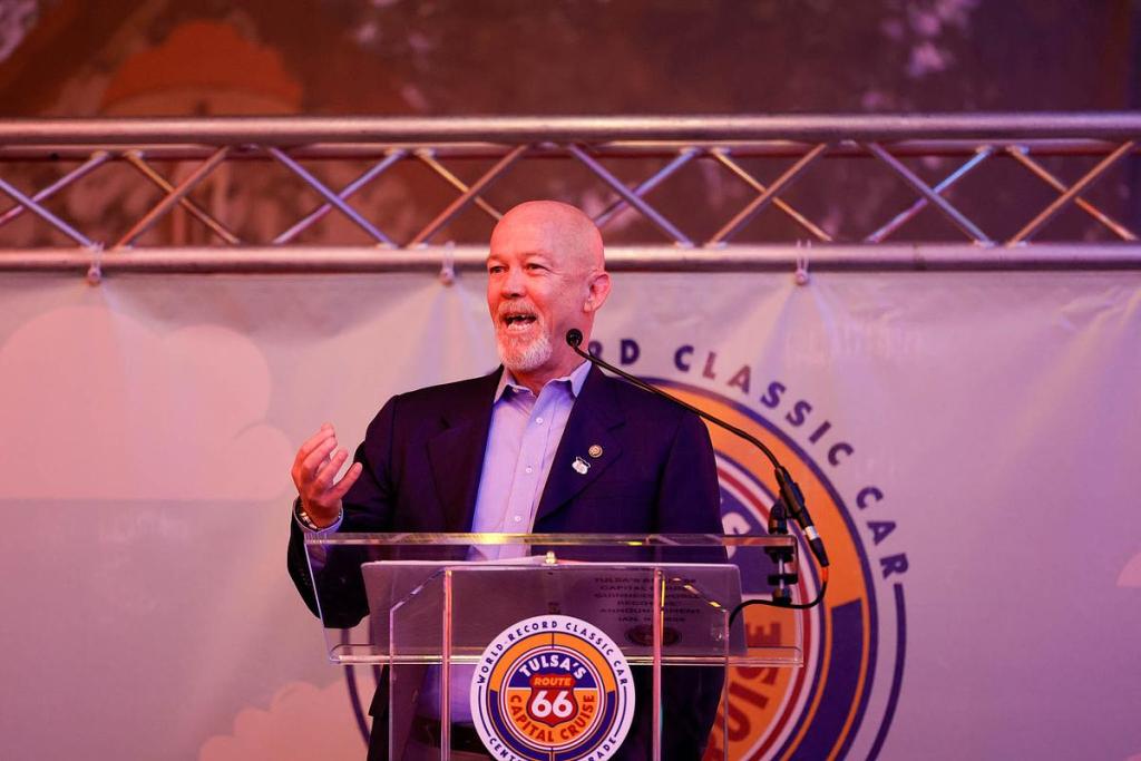 Christian Bengel, Tulsa's District 6 Councilor and chair of the Tulsa Route 66 Commission, speaks during a Jan. 9, 2026, press conference about Tulsa's plans for a record-breaking car parade during the Route 66 centennial.