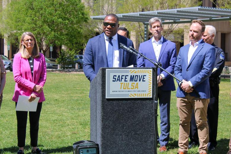 Mayor Monroe Nichols alongside city councilors and homelessness advocates speaks about the Safe Move Tulsa initiative to address street homelessness April 6, 2026. 118 people have been rehoused since last November.