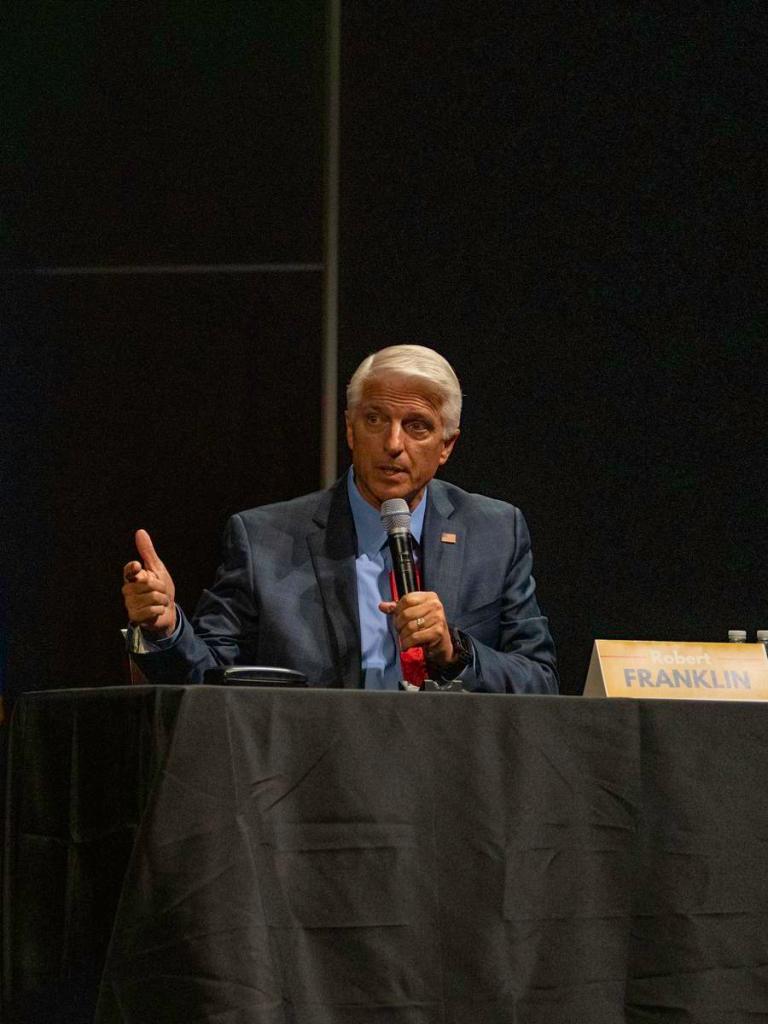 Robert Franklin explains a point during a question-and-answer session for State Superintendent of Education candidates at the University of Tulsa on June 4, 2026.