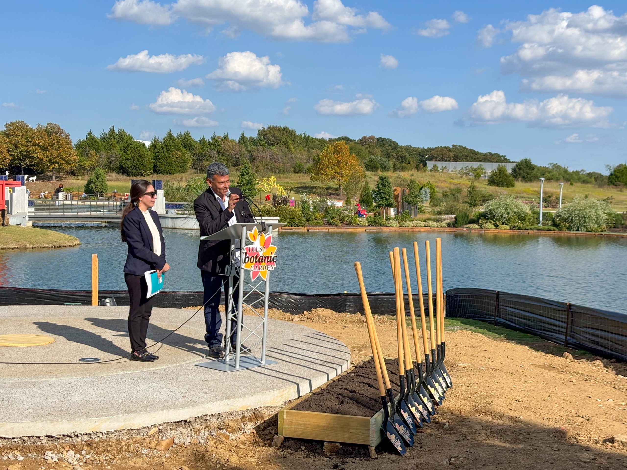 Officials celebrated the beginning of the installation of the Caja de Agua fountain, a gift from Tulsa's sister city San Luis Potosí, at the Tulsa Botanic Garden Sept. 19, 2025.
