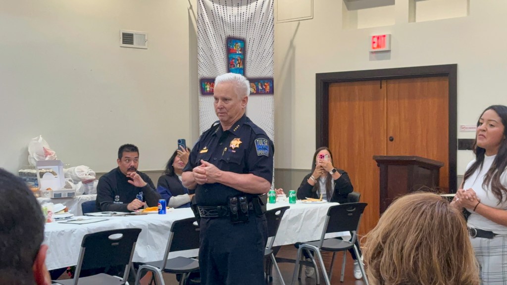 Tulsa Police Chief Dennis Larsen speaks to the first cohort of the department’s Spanish-language classes on Oct. 28 at St. Thomas More.