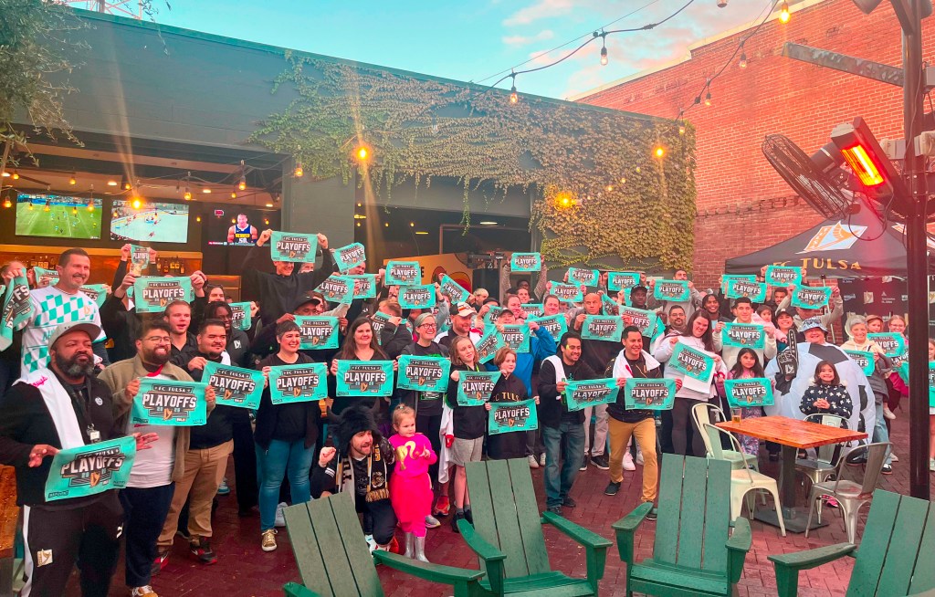FC Tulsa supporters gather at a rally for the team at McNellie's Pub in downtown Tulsa on Oct. 29, 2025.