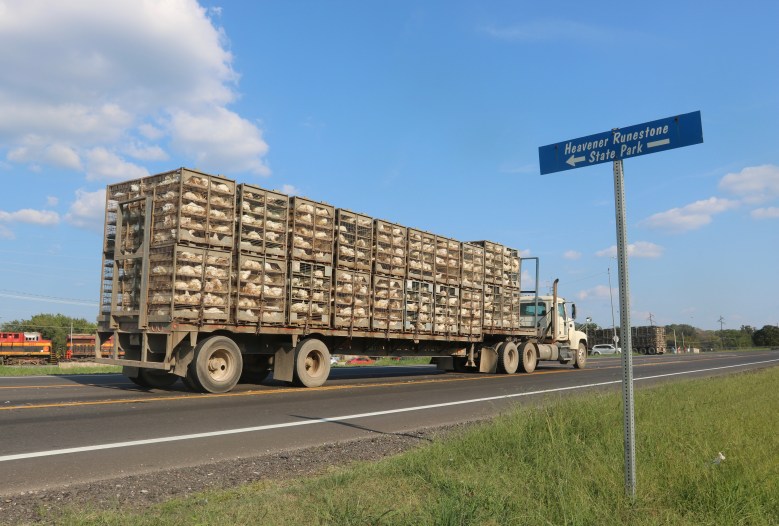 Trucks filled with chickens line up outside OK Food’s poultry processing facility in Heavener. OK Foods is owned by the Mexican company Industrias Bachoco.