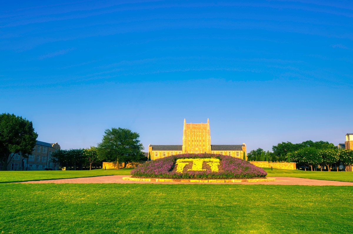 McFarlin Library at the University of Tulsa glows during sunset.