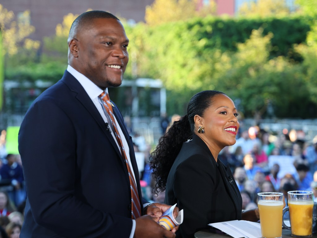 Sheinelle Jones, right, sits next to Tulsa Mayor Monroe Nichols during the live broadcast of "Today" on Oct. 10, 2025. Jones worked at what is now FOX 23 between 2003 and 2005.