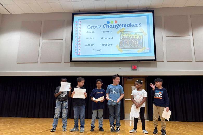 Grove Elementary second graders present their Changemakers impact project "helping kids in need" at the third fall 2025 pitch night Wednesday, Dec. 10.  They unanimously agreed to support homeless kids, asking their teacher, "Kids are really important, why would we not want to help them?"
