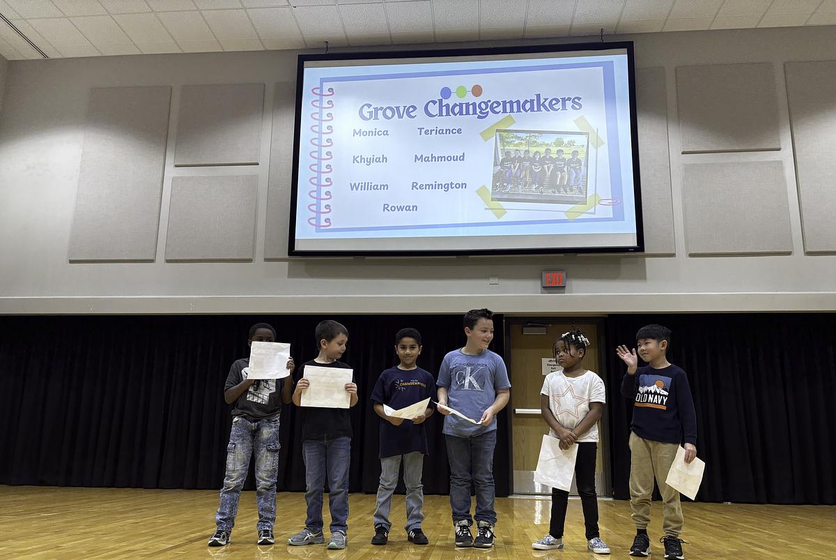 Grove Elementary second graders present their Changemakers impact project "helping kids in need" at the third fall 2025 pitch night Wednesday, Dec. 10.  They unanimously agreed to support homeless kids, asking their teacher, "Kids are really important, why would we not want to help them?"