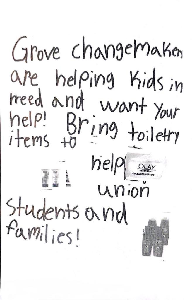 Grove Elementary students passed out these flyers requesting donations for the Union Public Schools homeless liaison team Wednesday, Dec. 10.  Grove Elementary second graders presented their Changemakers impact project "helping kids in need" at the third fall 2025 pitch night Wednesday, Dec. 10.  They unanimously agreed to support homeless kids, asking their teacher, "Kids are really important, why would we not want to help them?"