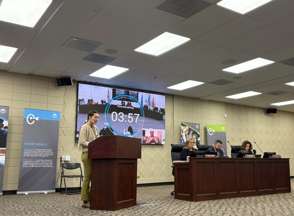 Photo of Georgia Riggs speaking at TPS board