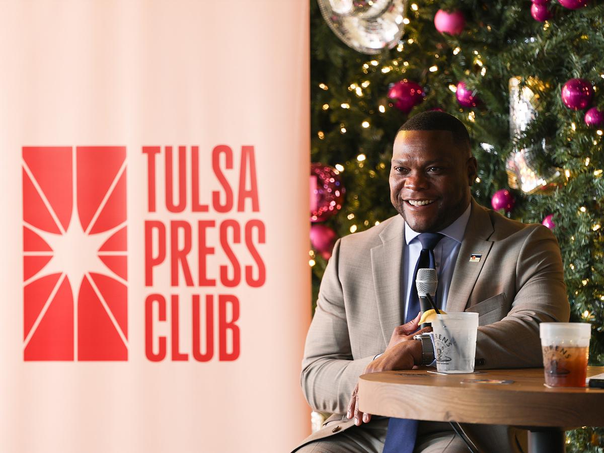 Tulsa Mayor Monroe Nichols answers questions during Tulsa Press Club's Page One luncheon at Hole Mole on Dec. 17, 2025.