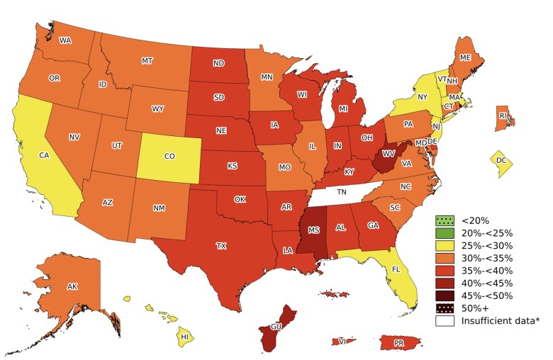 A map of adult obesity prevalence in the U.S. In 2024, at least 1 in 4 adults in all U.S. states and territories had obesity.