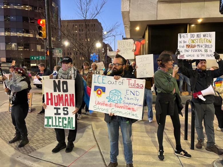 Protesters in downtown Tulsa Jan. 8, 2026 protest the death of Renee Good in Minnesota earlier in the week.