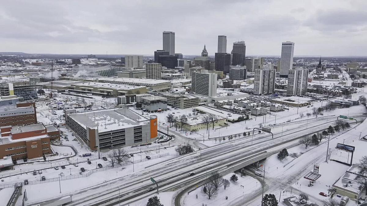 Snow covers downtown Tulsa on February 8, 2022.