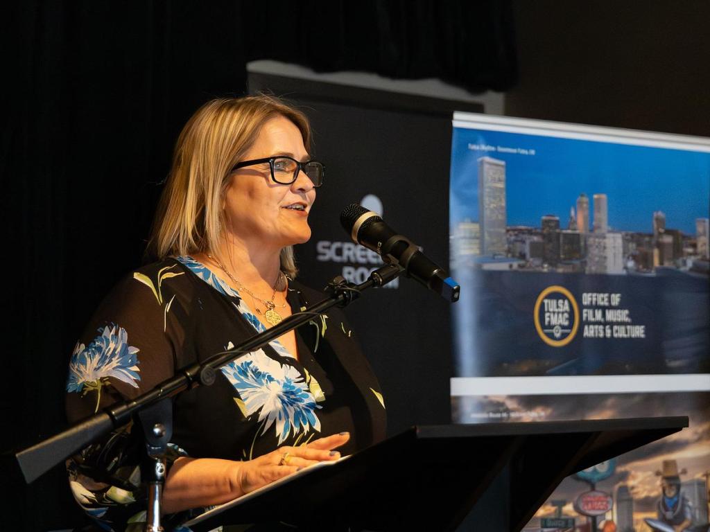 Meg Gould, executive director and film commissioner for Tulsa FMAC, announces the launch of the Tulsa Film Incentive at Circle Cinema on Jan. 28, 2026.