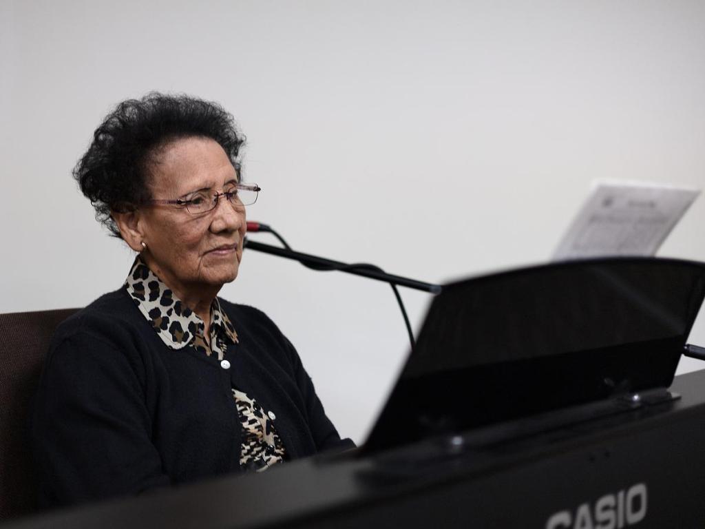 Wanda McCulley, a co-founder of Native Stone Baptist Church, plays the piano during the service on Jan. 11, 2026. 