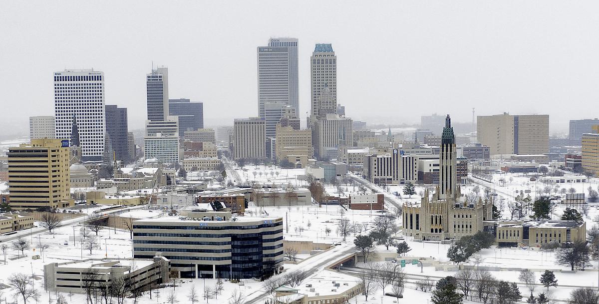 The downtown Tulsa skyline after snow Jan. 24, 2026.