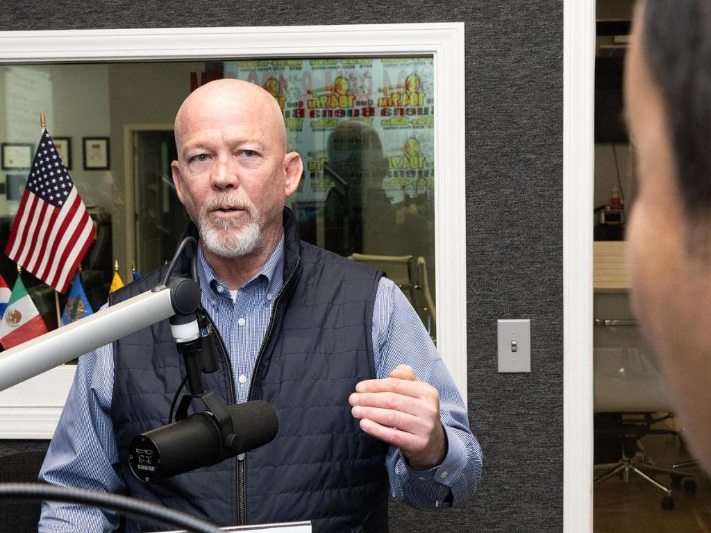 Christian Bengel, Tulsa City Councilor for District 6, does an interview inside the Que Buena Tulsa broadcast studio on Jan. 8, 2026. 
