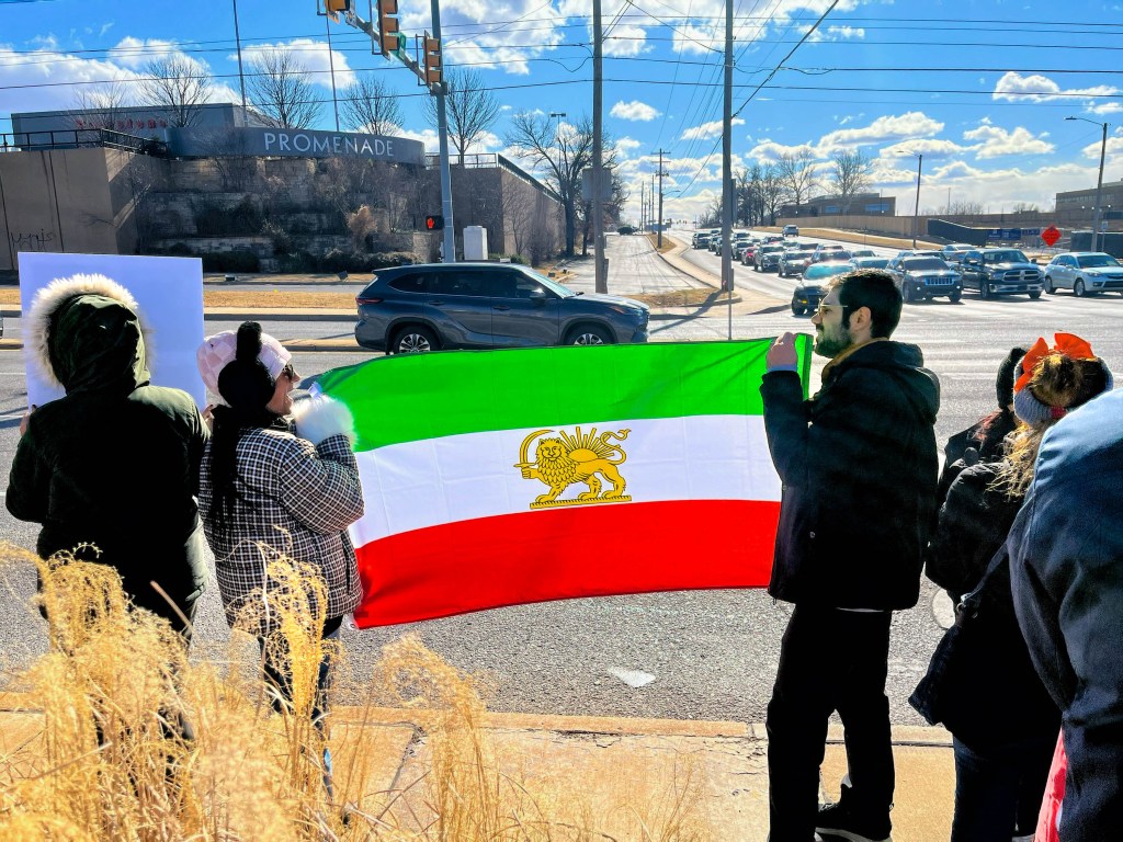 Around 50 Tulsans gathered to protest the Iranian government's mass killings Jan. 17, 2026, at the northeast corner of East 41st Street and South Yale Avenue.