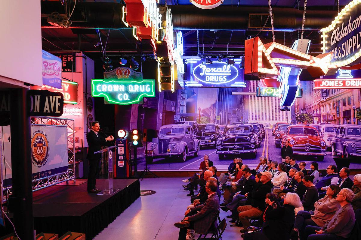 Lt. Gov. Matt Pinnell speaks during a Jan. 9, 2026, press conference about Tulsa's plans for a record-breaking car parade during the Route 66 centennial.