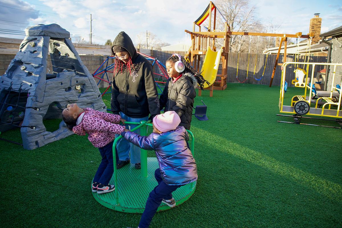 Knylah Grundy, Jordyn Mcgruder, Kaleece Grundy and Skyler Horn, play at Wykeyma Crockett’s home day care in east Tulsa, Jan. 16, 2026. Taleece Cherry, their mom, has been sending them to Crockett’s day care for the last seven years.