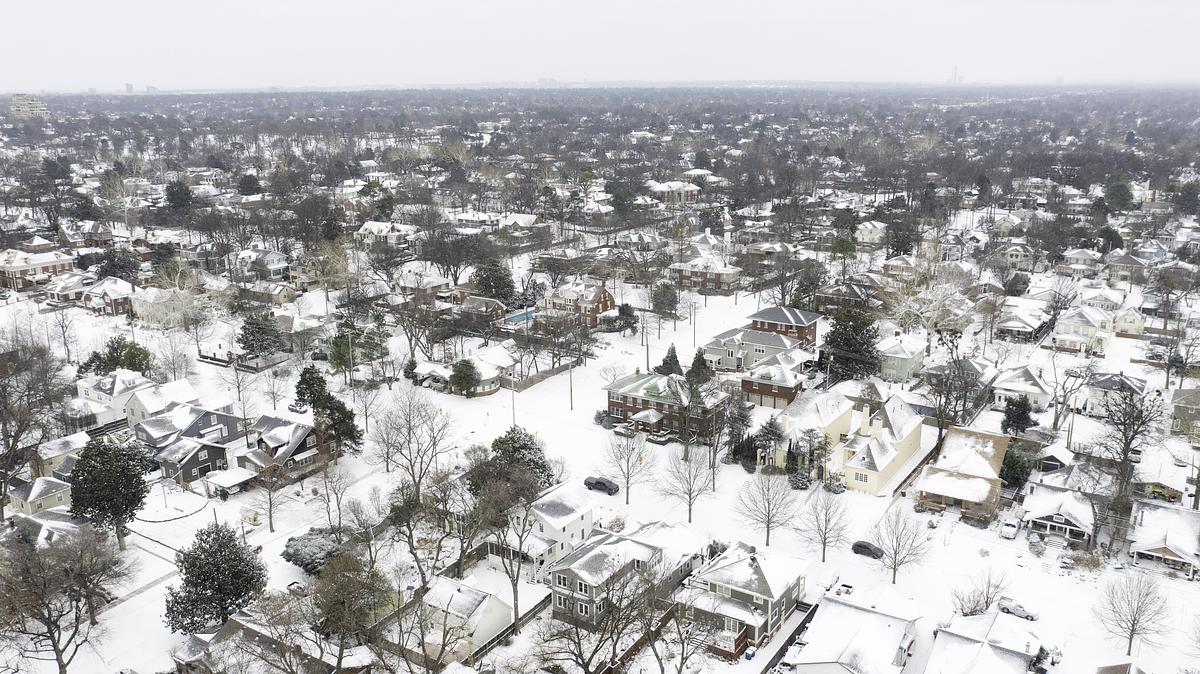 Aerial images show snow covering a midtown Tulsa neighborhood Jan. 24, 2026.