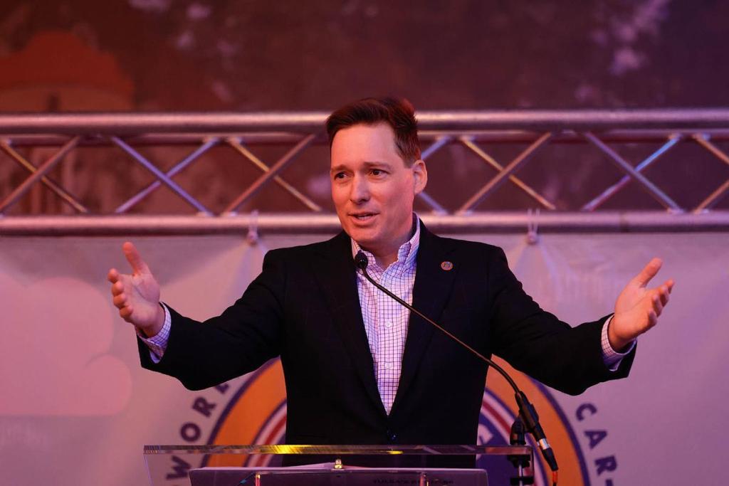 Lt. Gov. Matt Pinnell speaks during a Jan. 9, 2026, press conference about Tulsa's plans for a record-breaking car parade during the Route 66 centennial. 