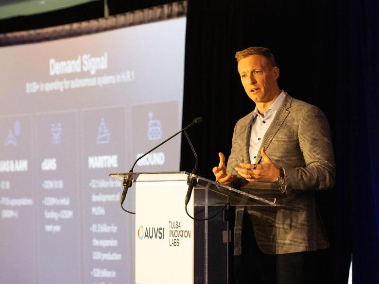 Michael Robbins, President and CEO of AUVSI, talks about automation and drones during an event hosted by Tulsa Innovation Labs at Vista 21 on Jan. 22, 2026.