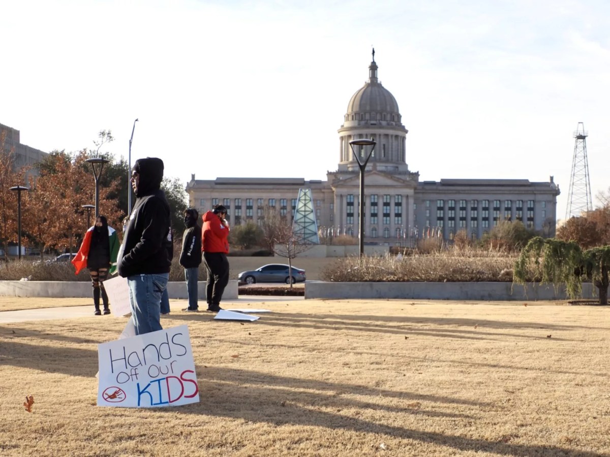 Demonstrators stand outside the Oklahoma State Department of Education on Jan. 28, 2025, to protest proposed rules that would require schools to check students' immigration status.
