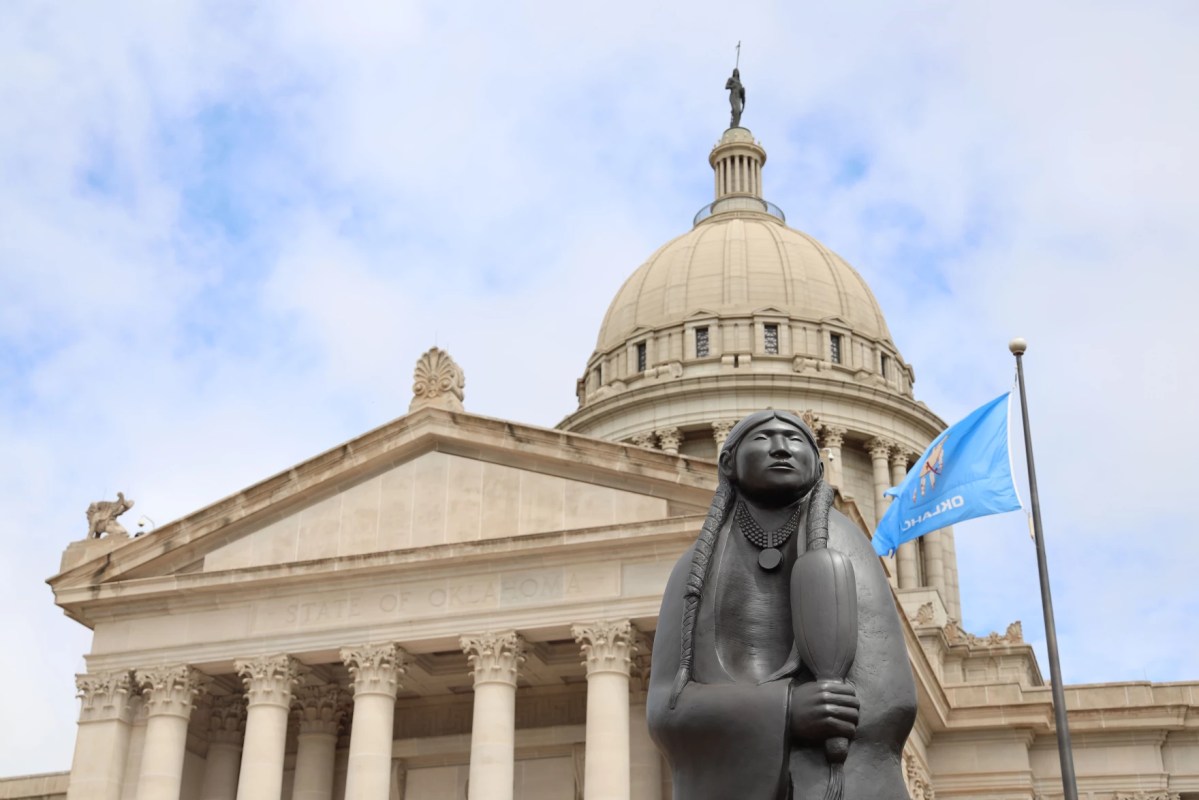 As Long as the Waters Flow statue by Allan Houser resides outside the Oklahoma State Capitol.
