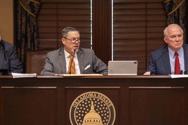 Senate Appropriations Chair Chuck Hall, R-Perry, speaks during a Feb. 18, 2026, committee meeting.