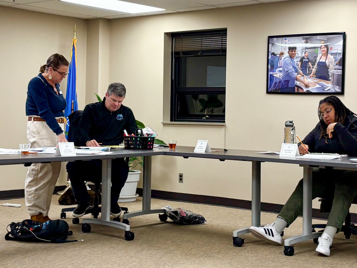 Tulsa Public Schools board members Susan Lamkin, John Croisant and Kyra Carby work on new mission statements for the district’s next five-year plan during a Feb. 4, 2026, meeting.