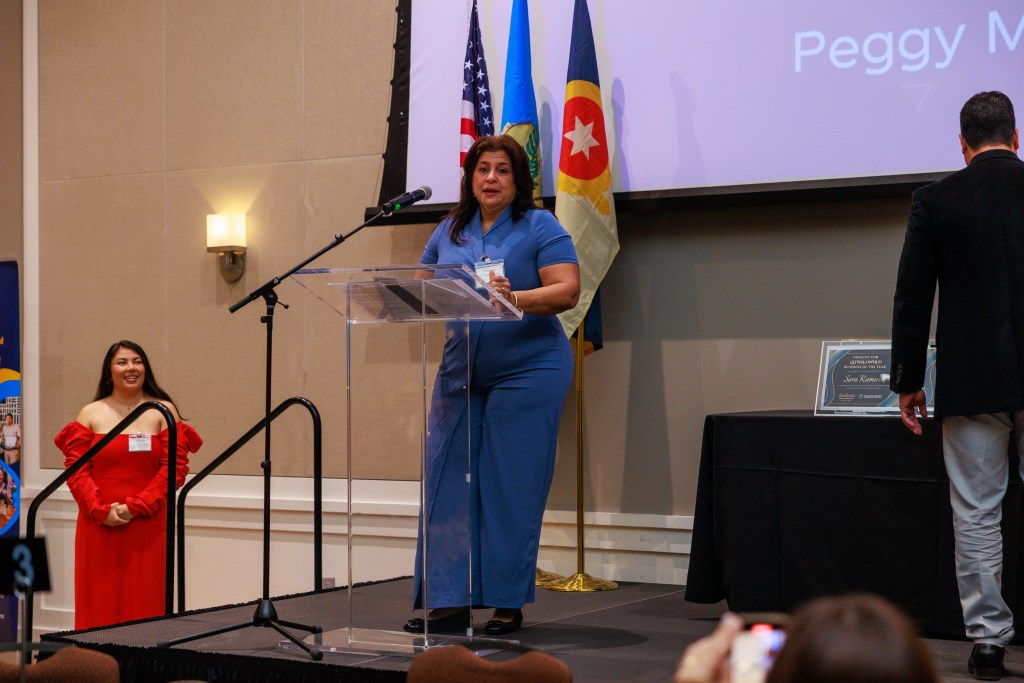 Peggy Mercano, from Peggy Flavors, accepts the award for Latina-owned business of the year at the Tulsa Hispanic Area Chamber of Commerce annual awards ceremony and luncheon on Monday, Feb. 9, 2026 in Tulsa, OK at River Spirit Casino.