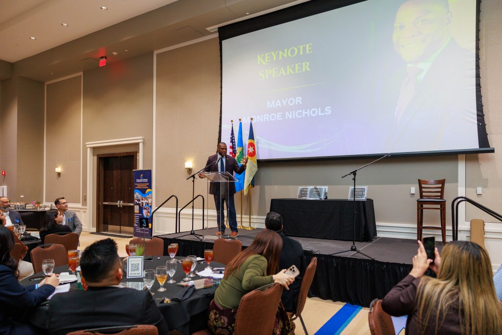 Tulsa City Mayor, Monroe Nichols, speaks at the Tulsa Hispanic Chamber of Commerce annual awards ceremony and luncheon at River Spirit Casino in Tulsa, Oklahoma on Monday, Feb. 9, 2026.