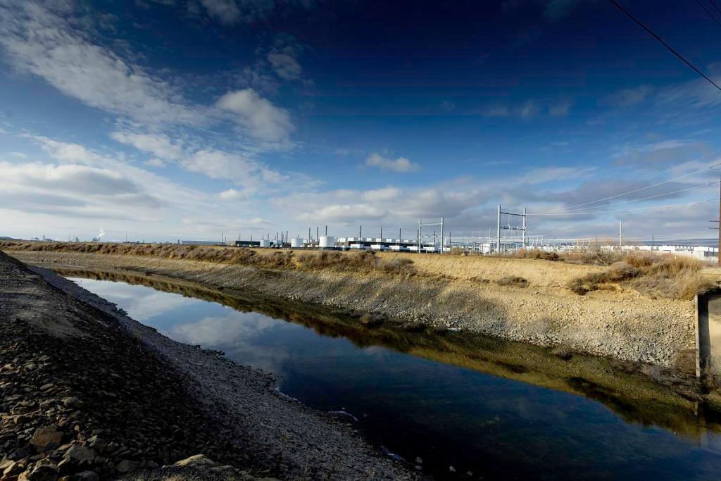 The Vantage data center campus in Quincy, Washington, borders one of the local irrigation district's canals. Data centers are projected to use all the allotted water in the next 20 years, though there are ways to bring more water in.  