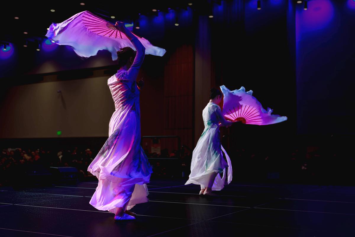 Jane Bai and Xuemei Zhao, of China Rose Arts Group, perform a Chinese classical dance called "Cloud of Home" at Tulsa Asia Fest on Saturday, Jan. 31, 2026.