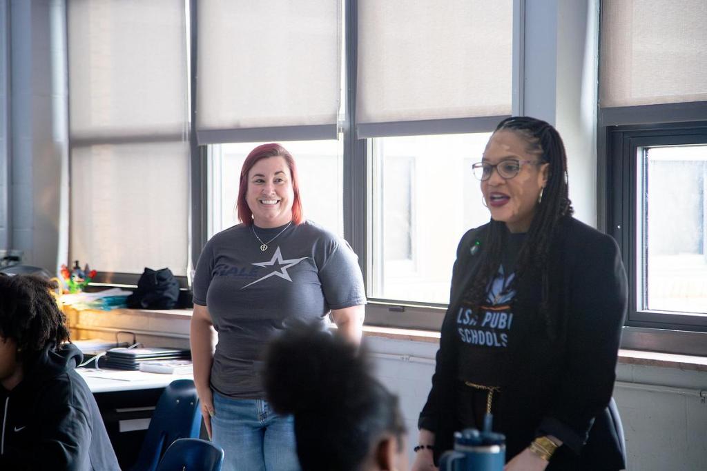  Kara Donnini, an eighth grade history teacher and department lead at Hale Middle School, celebrates being named a 2026 Teacher of the Year finalist on March 12, 2026. 
