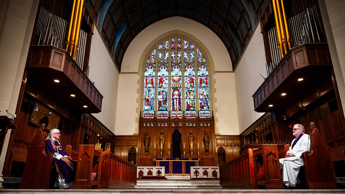 Deacons Deborah Underwood, left, and Bret Bibens pose for a portrait at Trinity Episcopal Church on Wednesday, March 4, 2026.