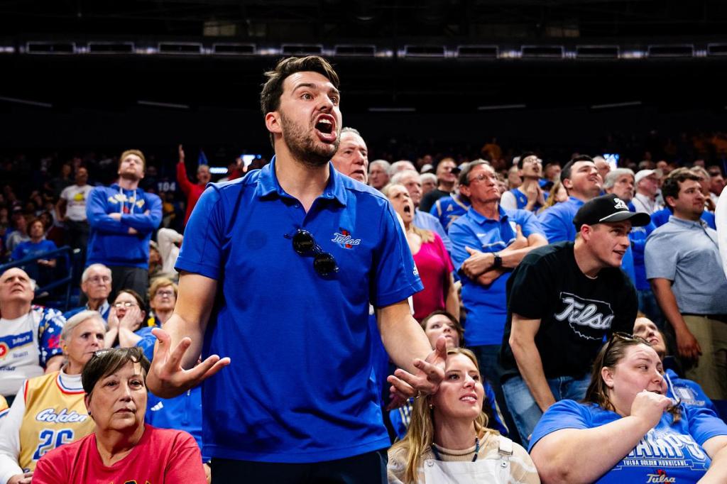 University of Tulsa fans protest a bad call during their basketball game against Wichita State at the Donald Reynold’s Center on Tuesday, March 24, 2026.