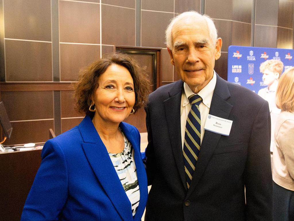 Stacy Leeds with former Cherokee Nation Principal Chief Ross Swimer after her introduction as The University of Tulsa's new president on March 11, 2026. Leeds, a Cherokee Nation citizen, is the first woman to lead the private university. 