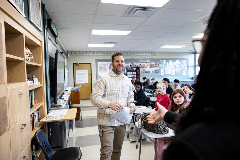 Kraig Mewbourne is surprised by Tulsa Public Schools Superintendent Ebony Johnson as he is presented with his nomination for 2026 Teacher of the Year at Tulsa Edison Preparatory School March 12, 2026