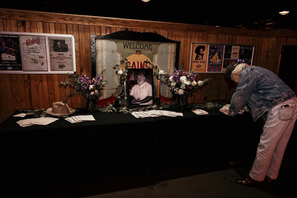 A memorial display at Cain’s Ballroom to celebrate the life of Vincent “Buzz” Dalesandro III, founder of Dalesandro’s restaurant, on Monday, March 16, 2026, in Tulsa, Oklahoma. Dalesandro, a longtime Tulsa chef and restaurateur, founded the restaurant in 1990.