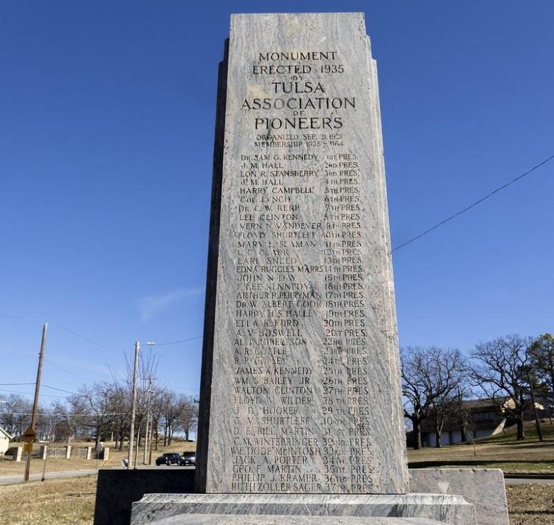 A statue commemorating the 1921 formation of the Tulsa Association of Pioneers sits at Owen Park. It features names of prominent Tulsans, including two known members of the Ku Klux Klan.