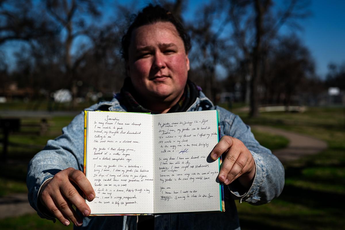 Grace Fallon poses for a portrait in Heller Park March 9, 2026. Fallon is an avid poetry writer, including a recent piece, "Scarration." The poem explores inheriting philosophies of matriarchy.