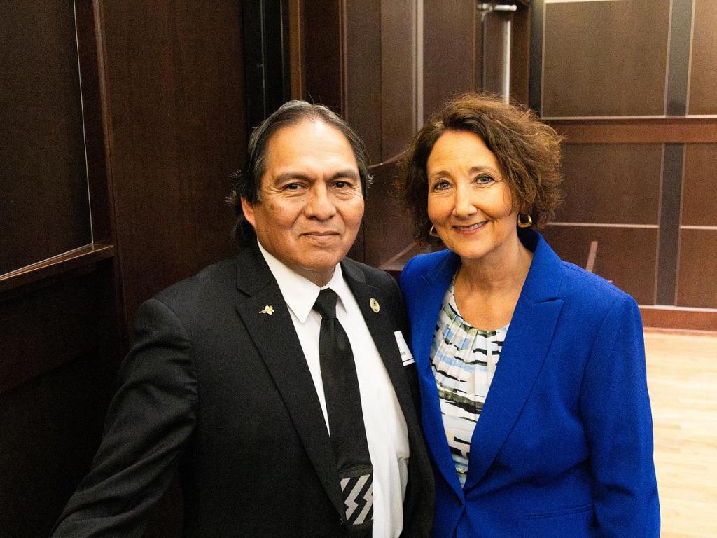 Muscogee Nation Principal Chief David Hill with Stacey Leeds after her introduction as The University of Tulsa's new president on March 11, 2026. Leeds, a Cherokee Nation citizen, is the first woman to lead the private university. 