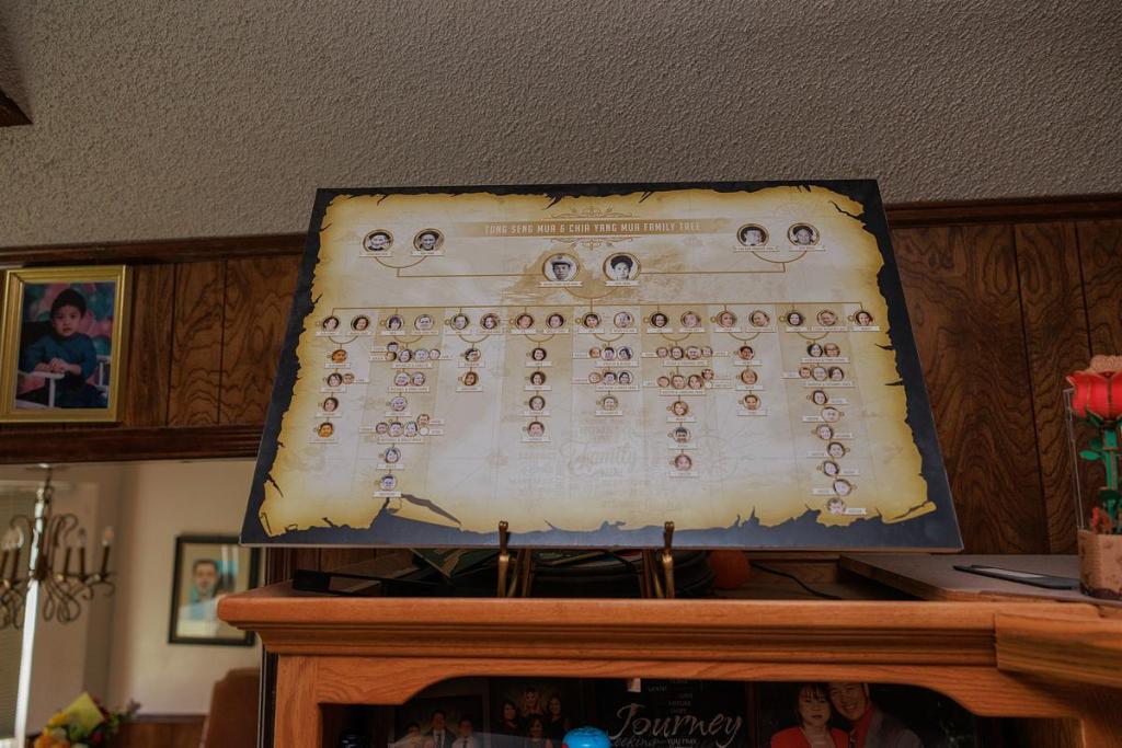 Pictures of Bea Thao's family and her family tree are displayed in the living room of her Tulsa home Feb. 27, 2026.