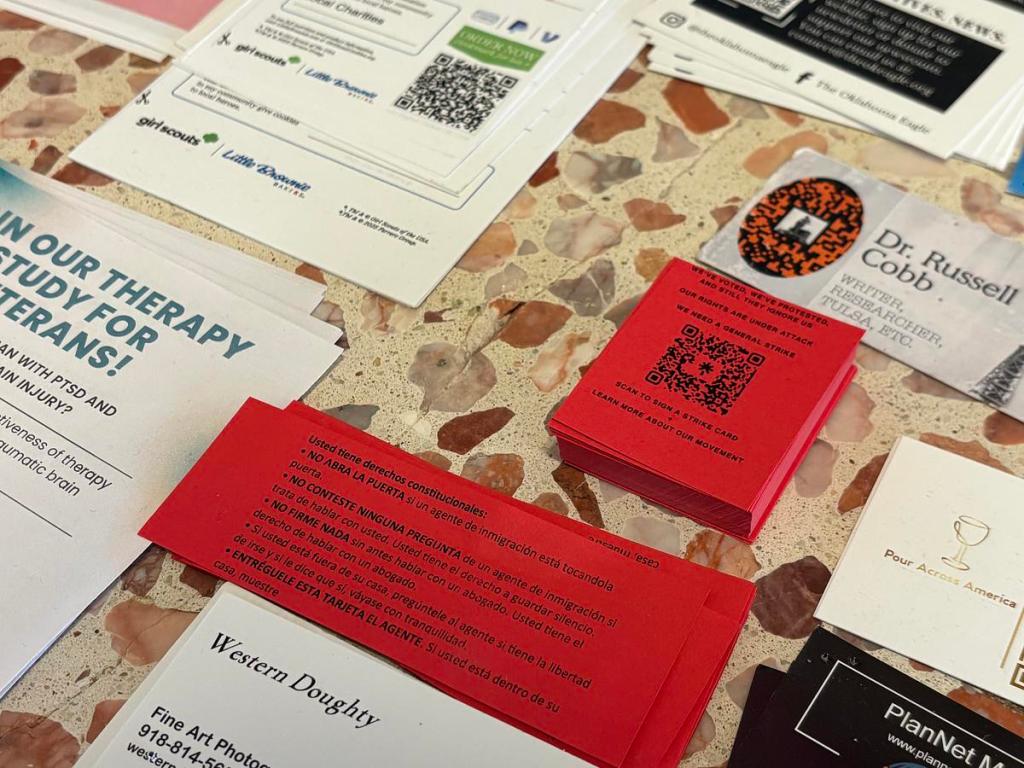 Coracle Coffee in downtown Tulsa has placed signs against ICE and have Know Your Rights cards available for its customers. 