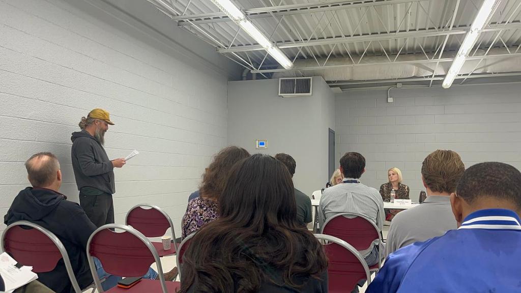 James Taylor, left, treasurer of the Kitty Gang Family Foundation, speaks to the Tulsa Park Board March 3, 2026. 